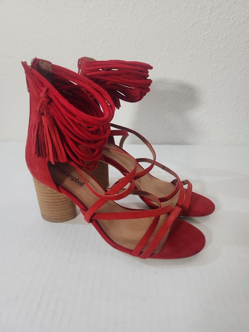 Jeffrey Campbell Despina Red Suede Tassel Gladiator Block Heel Sandals 7.5